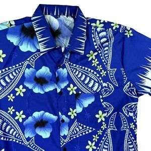 Hawaiian Shirt Men XL Short Sleeve Aloha Blue Surf Tiki Floral Geometric Baggy